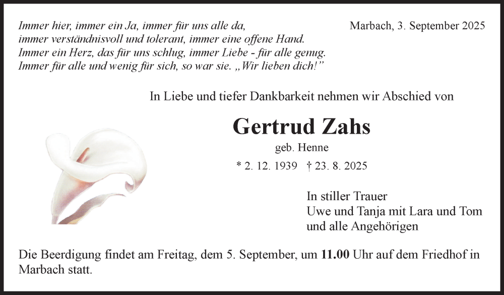  Traueranzeige für Gertrud Zahs vom 03.09.2025 aus Marbacher Zeitung