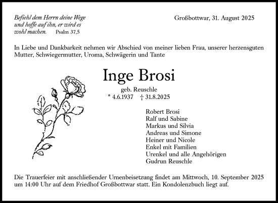 Traueranzeige von Inge Brosi von Marbacher Zeitung