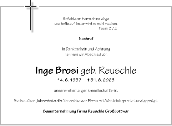 Traueranzeige von Inge Brosi von Marbacher Zeitung