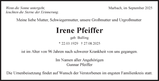Traueranzeige von Irene Pfeiffer von Marbacher Zeitung