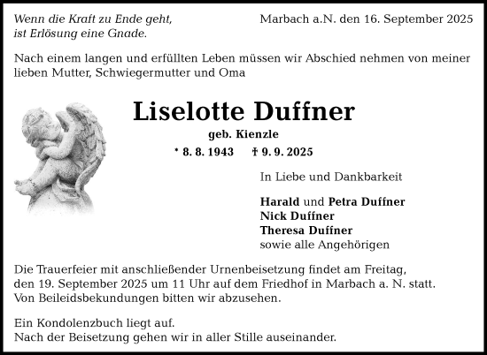 Traueranzeige von Liselotte Duffner von Marbacher Zeitung