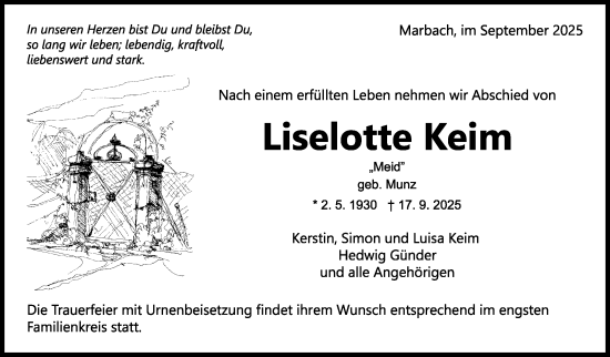 Traueranzeige von Liselotte Keim von Marbacher Zeitung