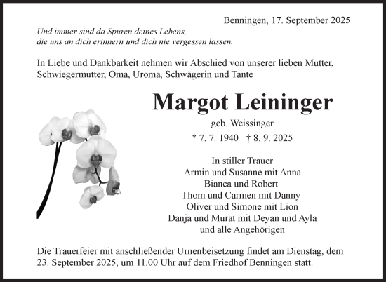 Traueranzeige von Margot Leininger von Marbacher Zeitung