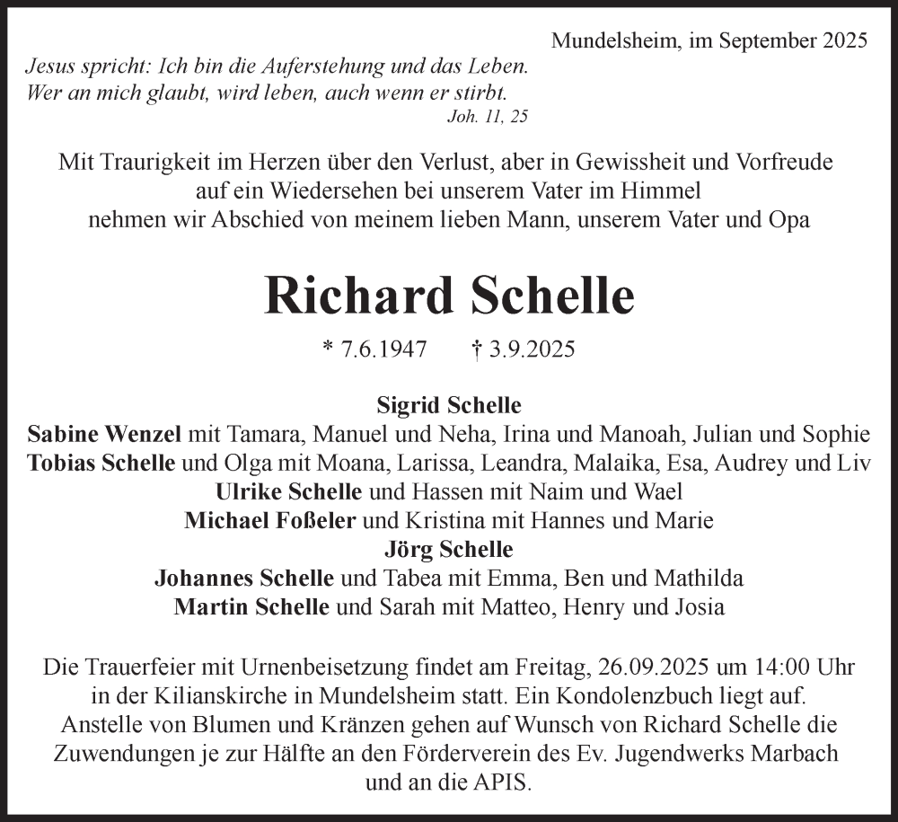  Traueranzeige für Richard Schelle vom 12.09.2025 aus Marbacher Zeitung