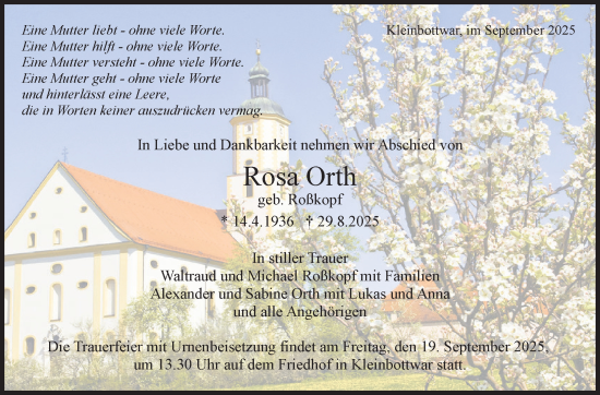 Traueranzeige von Rosa Orth von Marbacher Zeitung