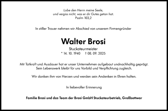 Traueranzeige von Walter Brosi von Marbacher Zeitung