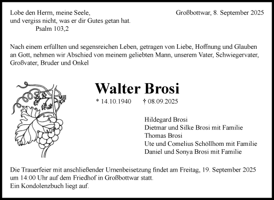 Traueranzeige von Walter Brosi von Marbacher Zeitung