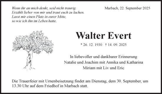 Traueranzeige von Walter Evert von Marbacher Zeitung