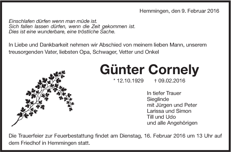  Traueranzeige für Günter Cornely vom 12.02.2016 aus Leonberger Kreiszeitung / Strohgäu Extra