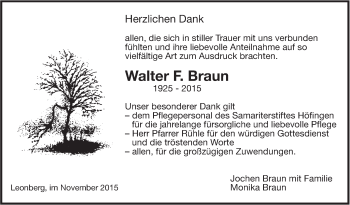 Traueranzeige von Walter  Braun von Leonberger Kreiszeitung / Strohgäu Extra