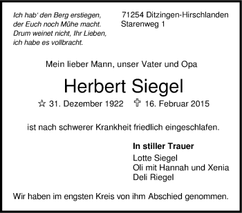 Traueranzeige von Herbert Siegel von Leonberger Kreiszeitung / Strohgäu Extra