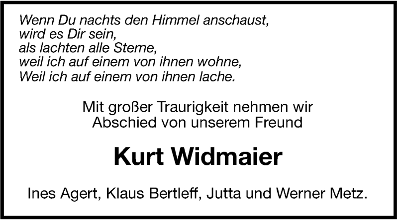  Traueranzeige für Kurt Widmaier vom 02.04.2015 aus Leonberger Kreiszeitung / Strohgäu Extra