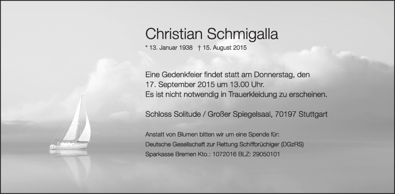  Traueranzeige für Christian Schmigalla vom 12.09.2015 aus Leonberger Kreiszeitung / Strohgäu Extra
