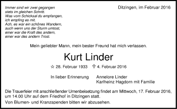 Traueranzeige von Kurt Linder von Leonberger Kreiszeitung / Strohgäu Extra