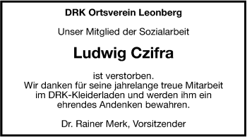 Traueranzeige von Ludwig Czifra von Leonberger Kreiszeitung / Strohgäu Extra