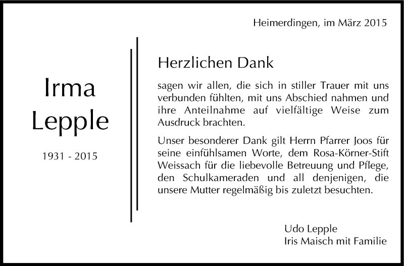  Traueranzeige für Irma Lepple vom 05.03.2015 aus Leonberger Kreiszeitung / Strohgäu Extra