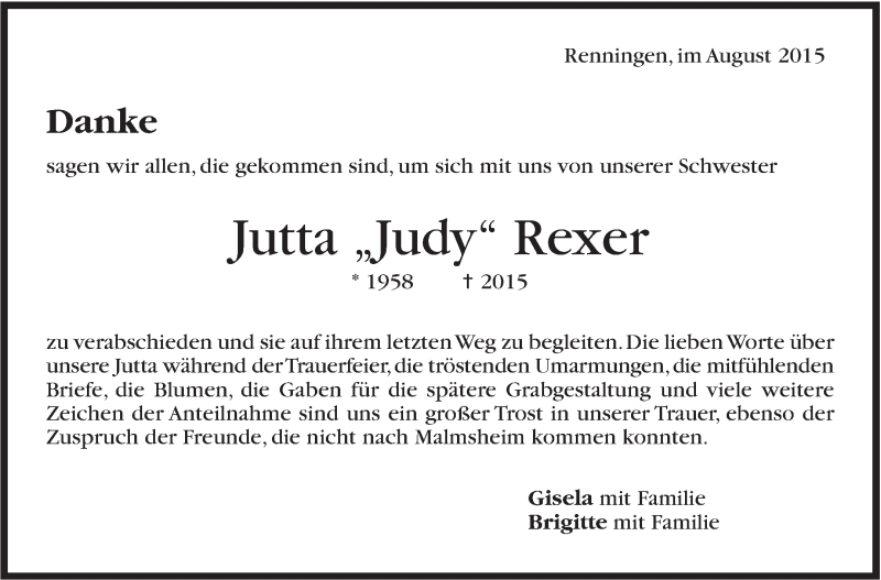  Traueranzeige für Jutta Rexer vom 13.08.2015 aus Leonberger Kreiszeitung / Strohgäu Extra