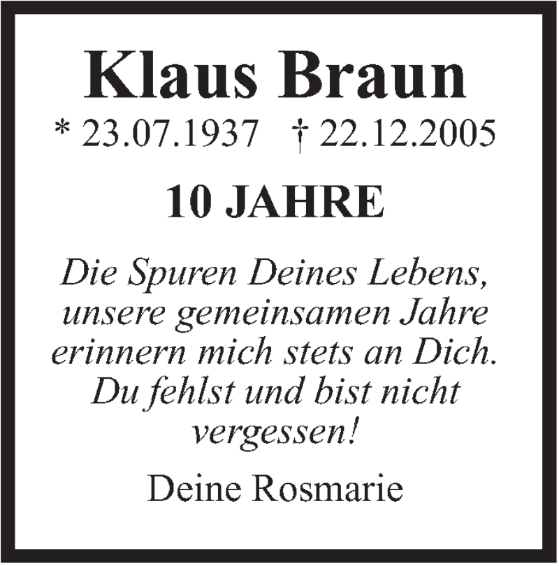  Traueranzeige für Klaus Braun vom 22.12.2015 aus Leonberger Kreiszeitung / Strohgäu Extra