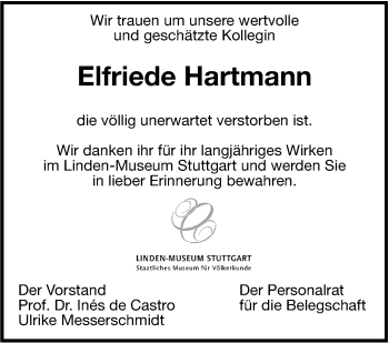 Traueranzeige von Elfriede Hartmann von Leonberger Kreiszeitung / Strohgäu Extra