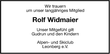 Traueranzeige von Rolf Widmaier von Leonberger Kreiszeitung / Strohgäu Extra