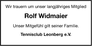 Traueranzeige von Rolf Widmaier von Leonberger Kreiszeitung / Strohgäu Extra