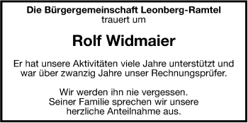 Traueranzeige von Rolf Widmaier von Leonberger Kreiszeitung / Strohgäu Extra