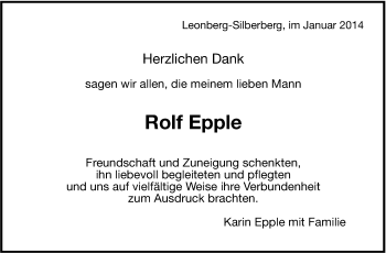 Traueranzeige von Rolf Epple von Leonberger Kreiszeitung / Strohgäu Extra