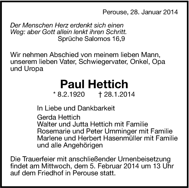  Traueranzeige für Paul Hettich vom 31.01.2014 aus Leonberger Kreiszeitung / Strohgäu Extra