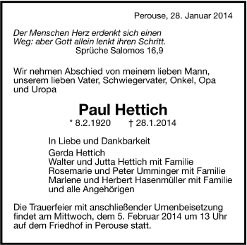 Traueranzeige von Paul Hettich von Leonberger Kreiszeitung / Strohgäu Extra