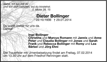 Traueranzeige von Dieter Bollinger von Leonberger Kreiszeitung / Strohgäu Extra