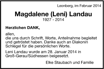 Traueranzeige von Magdalene Landau von Leonberger Kreiszeitung / Strohgäu Extra