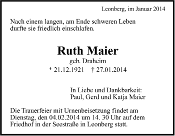 Traueranzeige von Ruth Maier von Leonberger Kreiszeitung / Strohgäu Extra