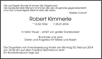 Traueranzeige von Robert Kimmerle von Leonberger Kreiszeitung / Strohgäu Extra