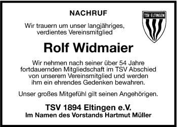 Traueranzeige von Rolf Widmaier von Leonberger Kreiszeitung / Strohgäu Extra