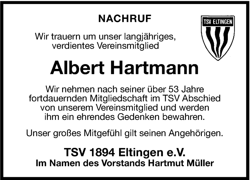  Traueranzeige für Albert Hartmann vom 30.01.2014 aus Leonberger Kreiszeitung / Strohgäu Extra