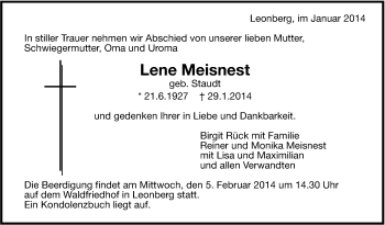 Traueranzeige von Lene Meisnest von Leonberger Kreiszeitung / Strohgäu Extra