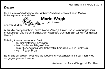 Traueranzeige von  Maria Wogh von Leonberger Kreiszeitung / Strohgäu Extra