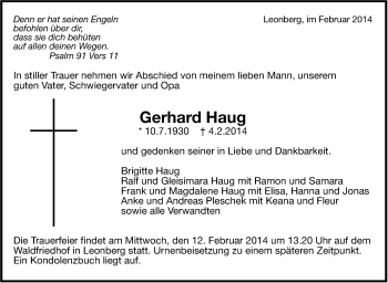 Traueranzeige von Gerhard Haug von Leonberger Kreiszeitung / Strohgäu Extra