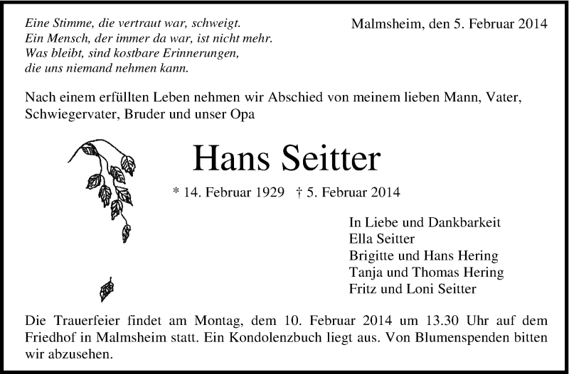  Traueranzeige für Hans Seitter vom 07.02.2014 aus Leonberger Kreiszeitung / Strohgäu Extra