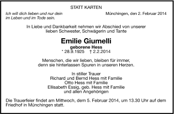 Traueranzeige von Emilie Giumelli von Leonberger Kreiszeitung / Strohgäu Extra