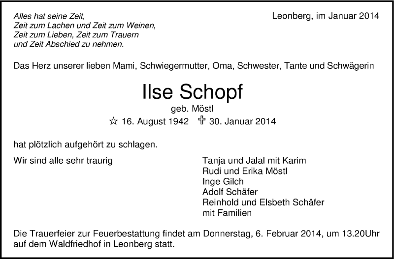  Traueranzeige für Ilse Schopf vom 04.02.2014 aus Leonberger Kreiszeitung / Strohgäu Extra
