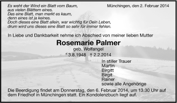 Traueranzeige von Rosemarie Palmer von Leonberger Kreiszeitung / Strohgäu Extra