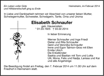 Traueranzeige von Elisabeth Schnaufer von Leonberger Kreiszeitung / Strohgäu Extra