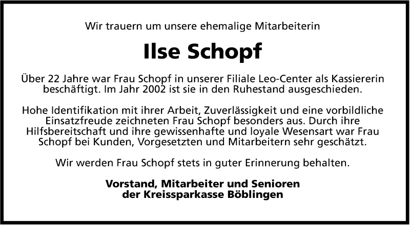  Traueranzeige für Ilse Schopf vom 06.02.2014 aus Leonberger Kreiszeitung / Strohgäu Extra