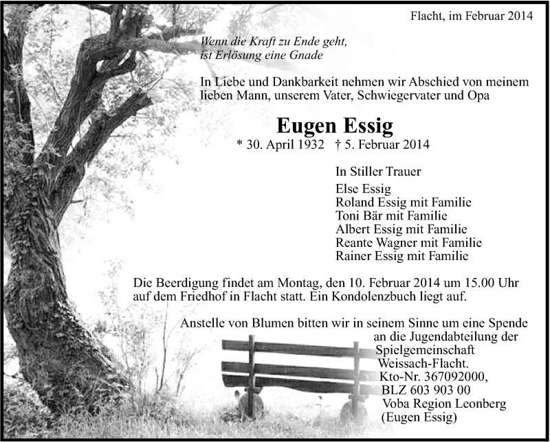  Traueranzeige für Eugen Essig vom 08.02.2014 aus Leonberger Kreiszeitung / Strohgäu Extra