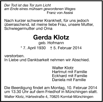 Traueranzeige von Gerda Klotz von Leonberger Kreiszeitung / Strohgäu Extra