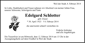 Traueranzeige von Edelgard Schlotter von Leonberger Kreiszeitung / Strohgäu Extra