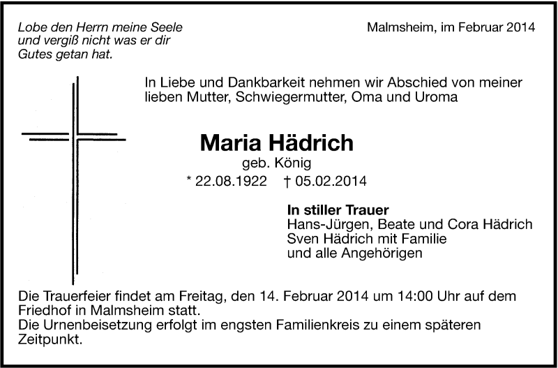  Traueranzeige für Maria Hädrich vom 11.02.2014 aus Leonberger Kreiszeitung / Strohgäu Extra