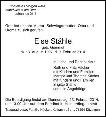 Traueranzeige von Else Stähle von Leonberger Kreiszeitung / Strohgäu Extra