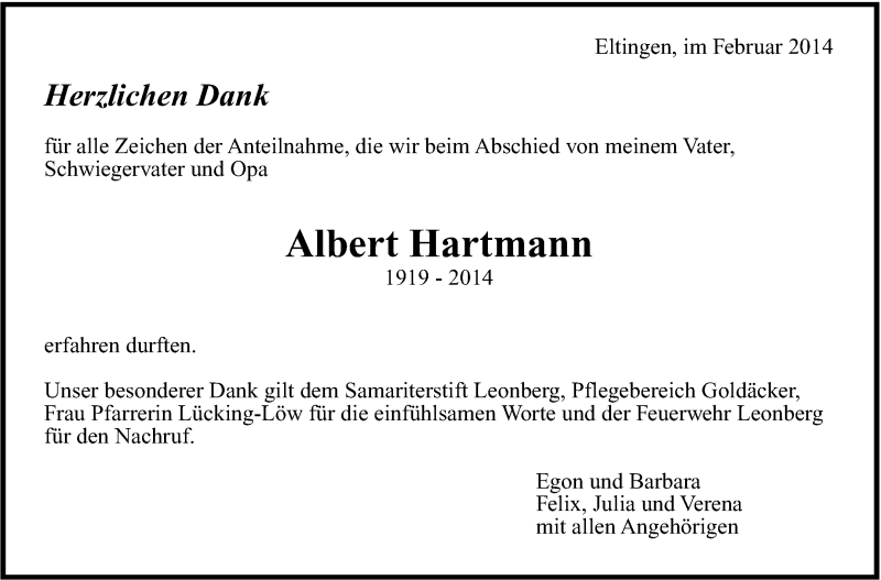  Traueranzeige für Albert Hartmann vom 12.02.2014 aus Leonberger Kreiszeitung / Strohgäu Extra